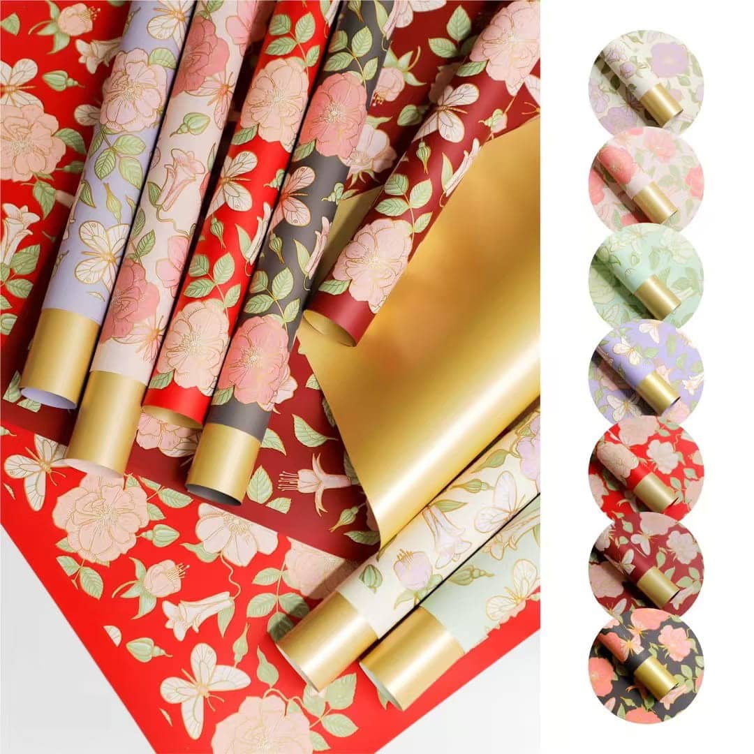 MYHC-76 Gold-edged Vintage Camellia Pattern Pearlescent Flower Wrapping Paper